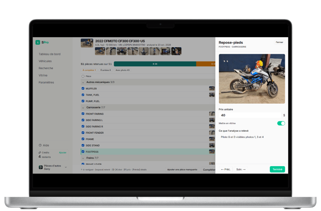 Reviewing a motorcycle part